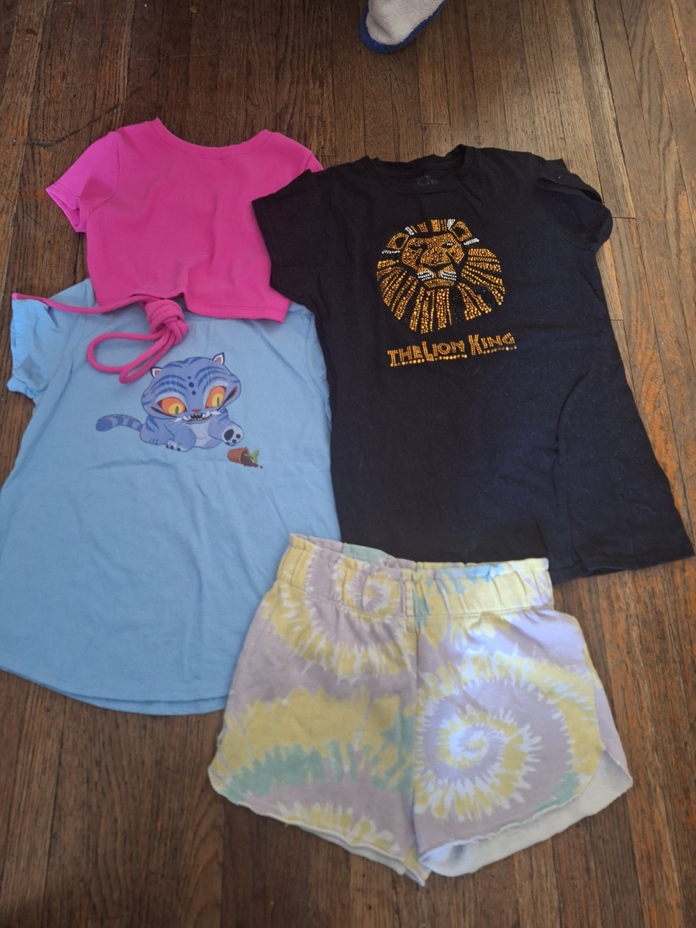 Girls Pink and Light Blue Pajama Set - Cute Cat Tee & Tie-Dye Shorts